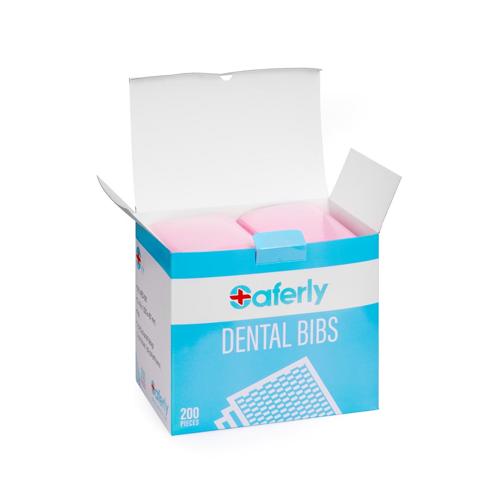 Saferly Pink Dental Bibs — Box of 200 - Microbeau InternationalSaferly Pink Dental Bibs — Box of 200