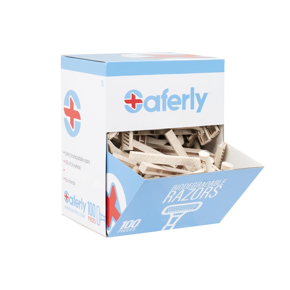 Saferly Stainless Steel Biodegradable Skin Prep Razors — Box of 100 - Microbeau International Saferly Stainless Steel Biodegradable Skin Prep Razors — Box of 100