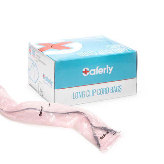 Saferly 32" Clip Cord Sleeves + Machine Bags — Pink — Box of 200 - Microbeau International - Saferly 32