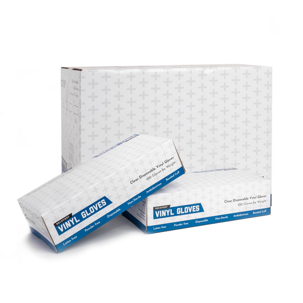 Recovery Clear Disposable Vinyl Gloves — Box of 100 - Microbeau International Recovery Clear Disposable Vinyl Gloves — Box of 100