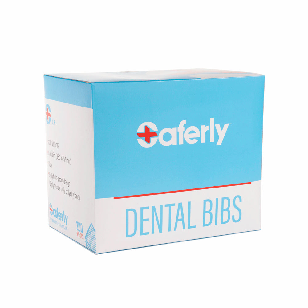 Saferly Blue Dental Bibs — 13" x 18" — Box of 200 - Microbeau International Saferly Blue Dental Bibs — 13" x 18" — Box of 200