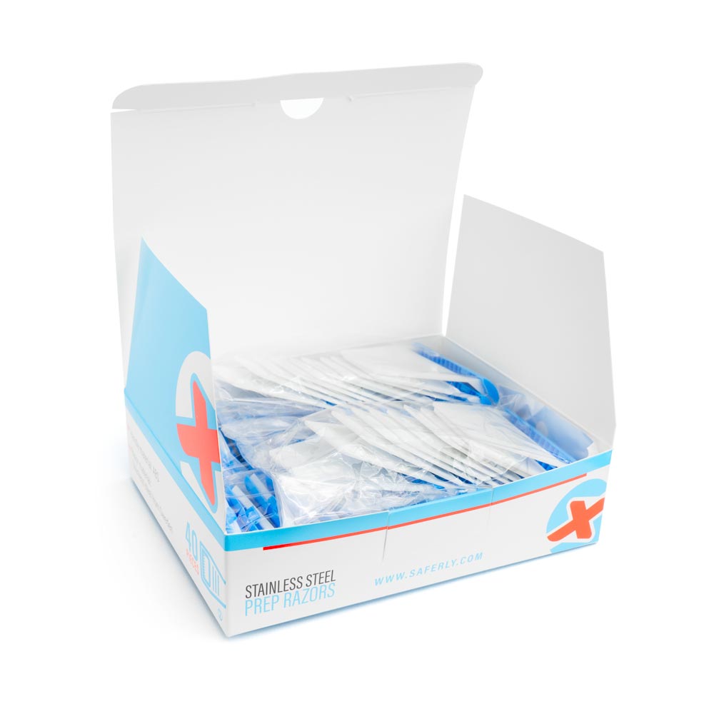 Saferly Stainless Steel Disposable Skin Prep Razors — Box of 40 - Microbeau InternationalSaferly Stainless Steel Disposable Skin Prep Razors — Box of 40