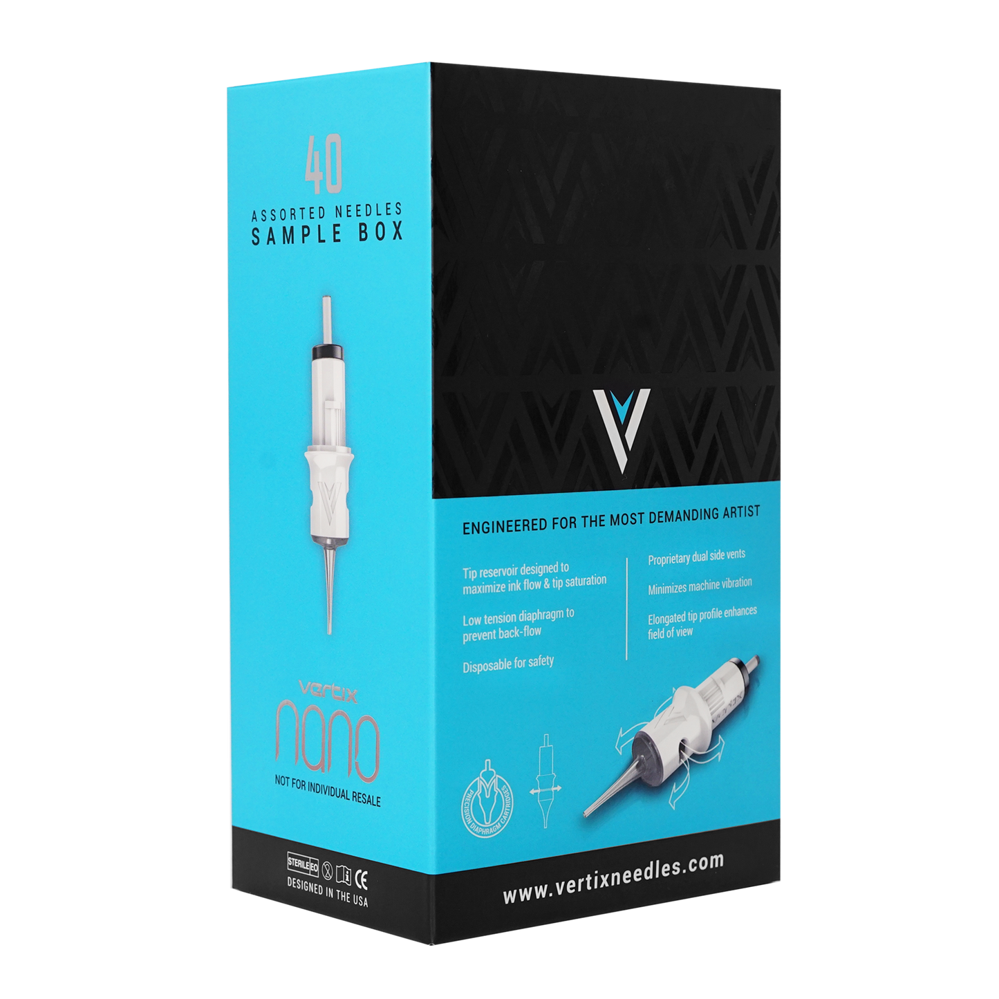 Back of the box of the Vertix Nano needle box