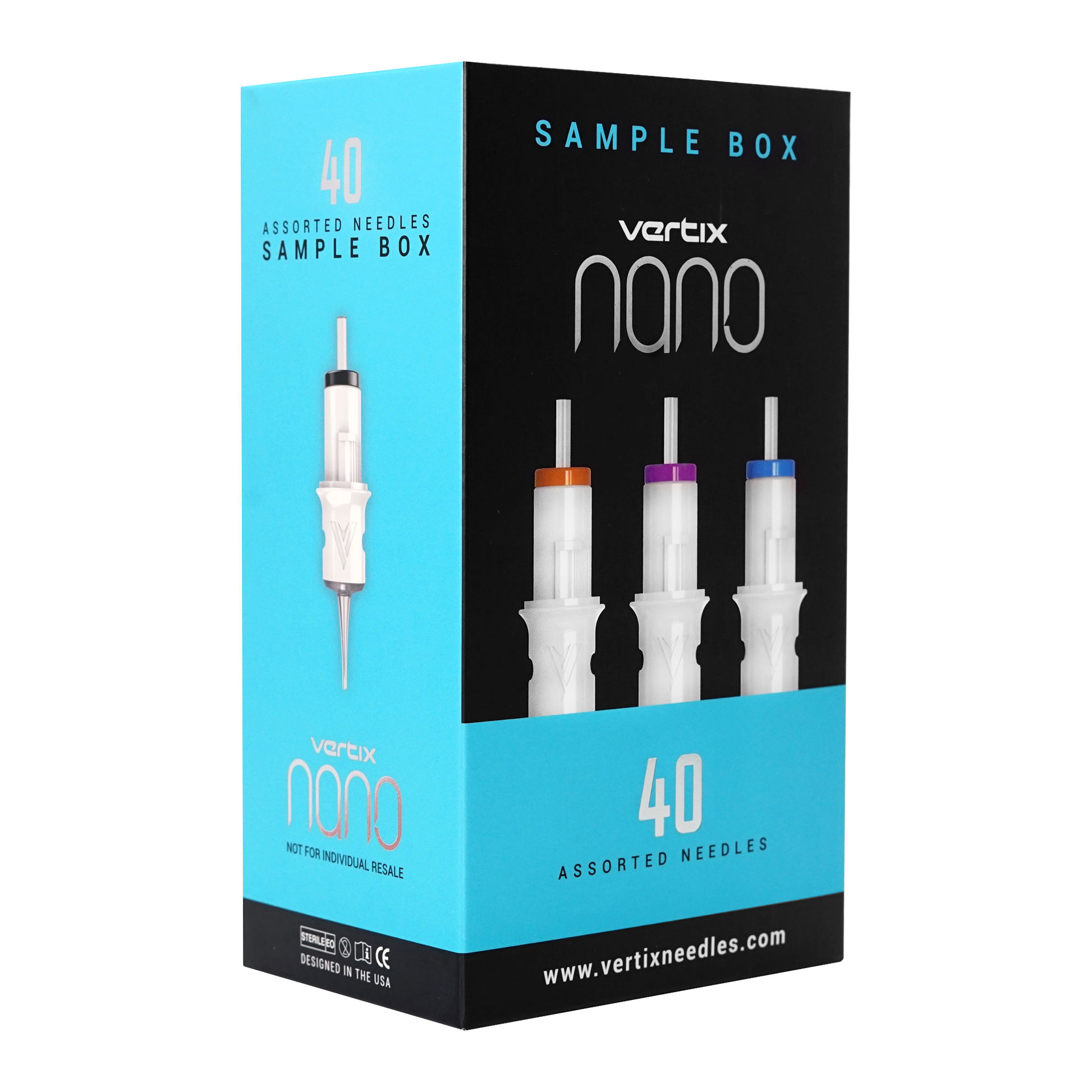 Sample box of the coveted Vertix Nano needles, 40 needles, including our most popular 1RL 20mm