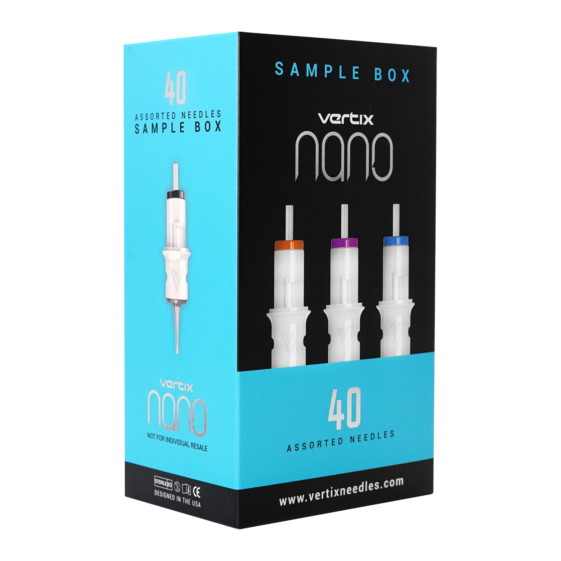 Sample box of the coveted Vertix Nano needles, 40 needles, including our most popular 1RL 20mmVertix Nano Sample Box (40pcs per box)