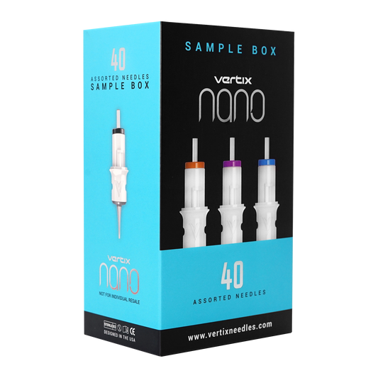 Sample box of the coveted Vertix Nano needles, 40 needles, including our most popular 1RL 20mm