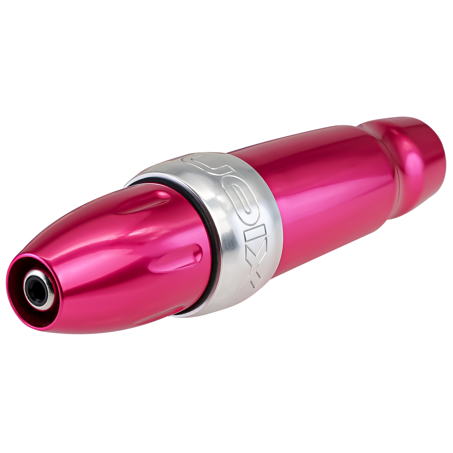Xion S, one of the most versatile machines in the PMU industry, which allows you to easily change the give and the stroke length, shown in bubblegum pink anodized alluminum, view of RCA plug