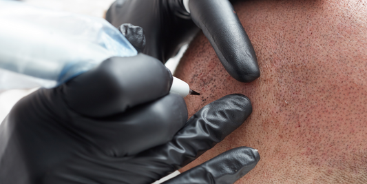 Close-up of a technician in black gloves using a micro-pigmentation machine to perform a scalp micropigmentation (SMP) procedure.