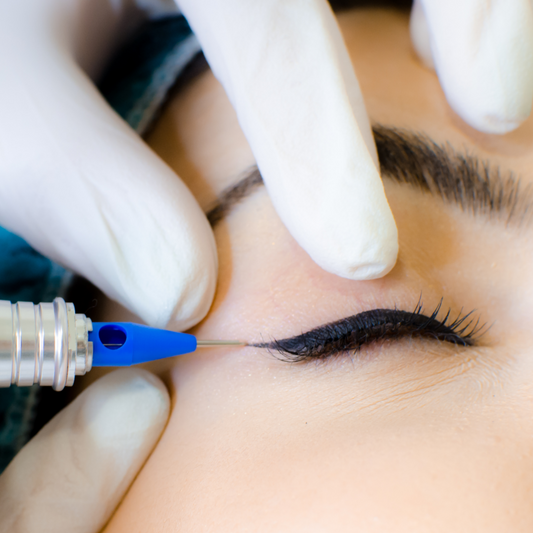 Close-up of a permanent eyeliner procedure being applied to a client's eyelid.