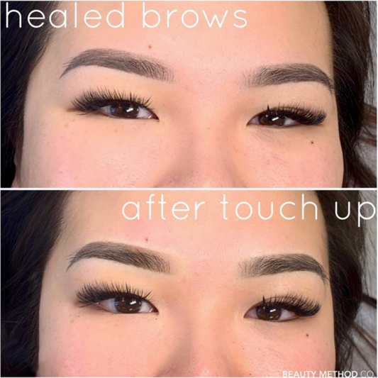 Side-by-side brows: healed results vs. fresh touch-up, cleaner, fuller definition