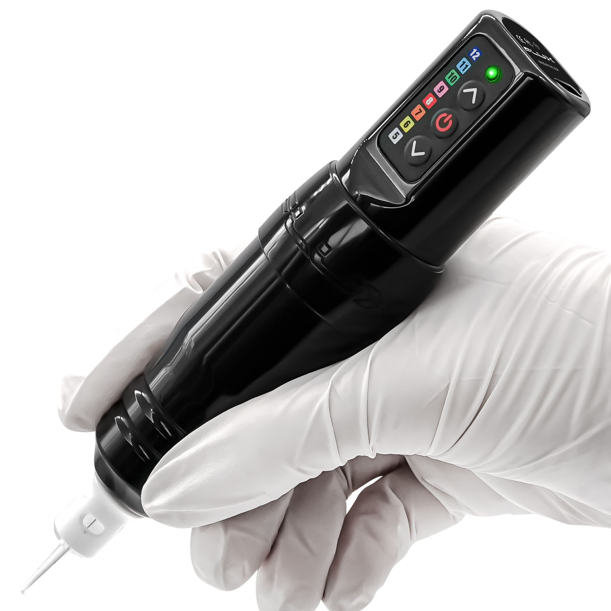 Cordless Flux S™ PMU machine with a needle cartridge. The machine is being held by a gloved hand.