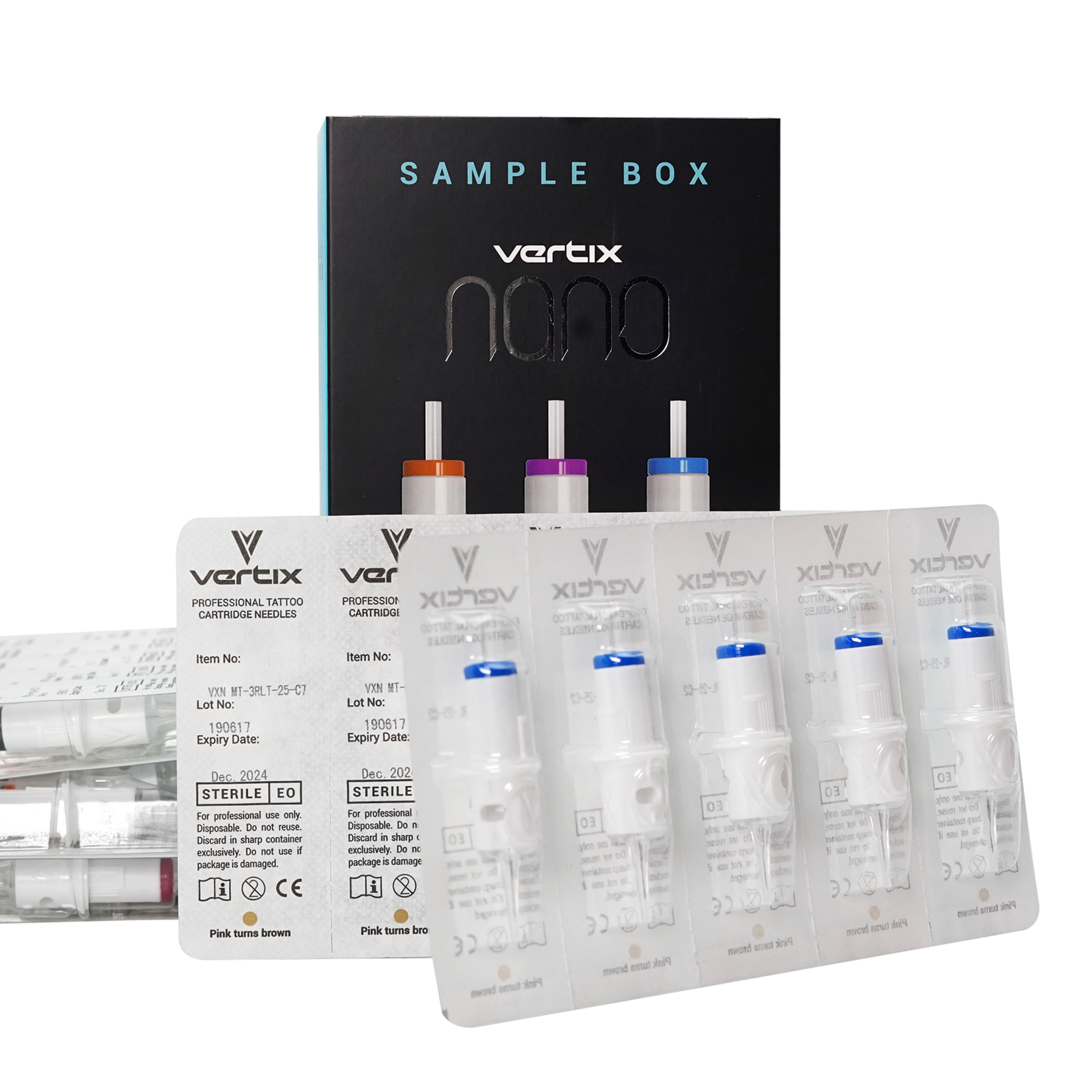 View of the blister pack seal, that shows the lot numbers, dates, expiry dates, etc.Vertix Nano Sample Box (40pcs per box)