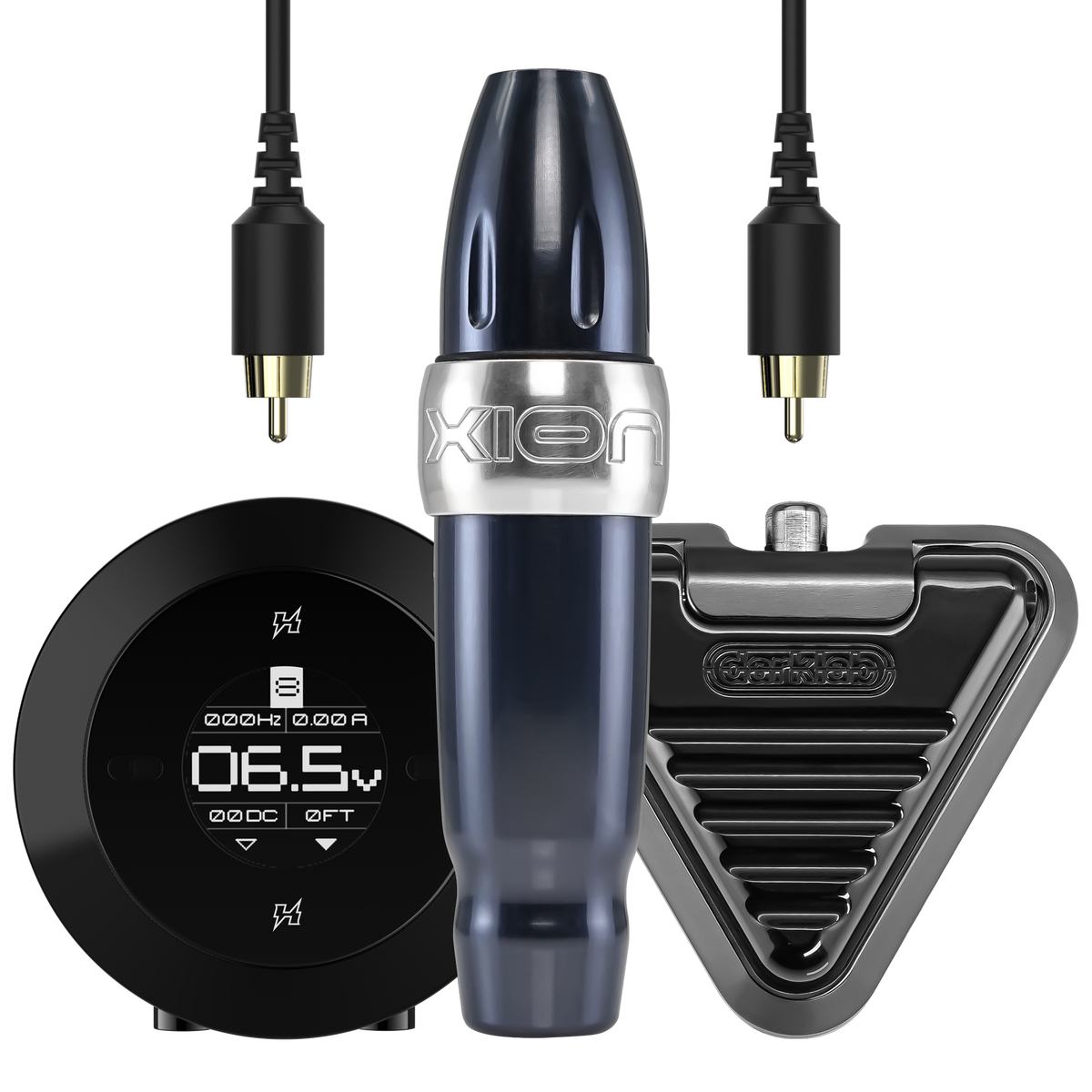 Xion S PMU machine set, shown with the Hover touchless power supply and footswitch\Xion S Gunmetal Elite Set