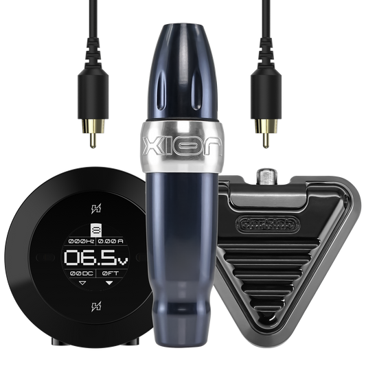 Xion S PMU machine set, shown with the Hover touchless power supply and footswitch\ - Xion S Gunmetal Elite Set